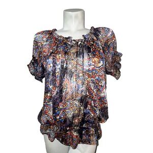 Outback Red Top Women's Size M Colorful Sheer Paisley SS Smocked Waist Blouse